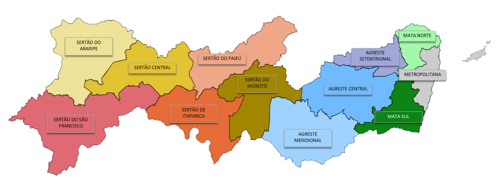 Mapa das regiões de desenvolvimento de Pernambuco